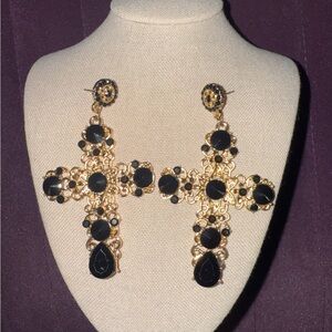 Elegant Black and Gold Cross Earrings